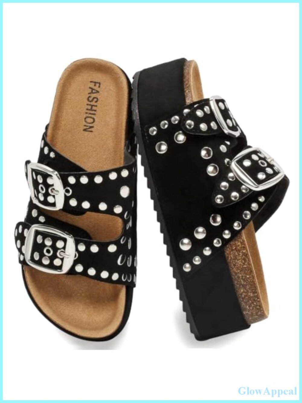 Platform Sandals Suede Cork Footbed Studded Slides Double Buckle